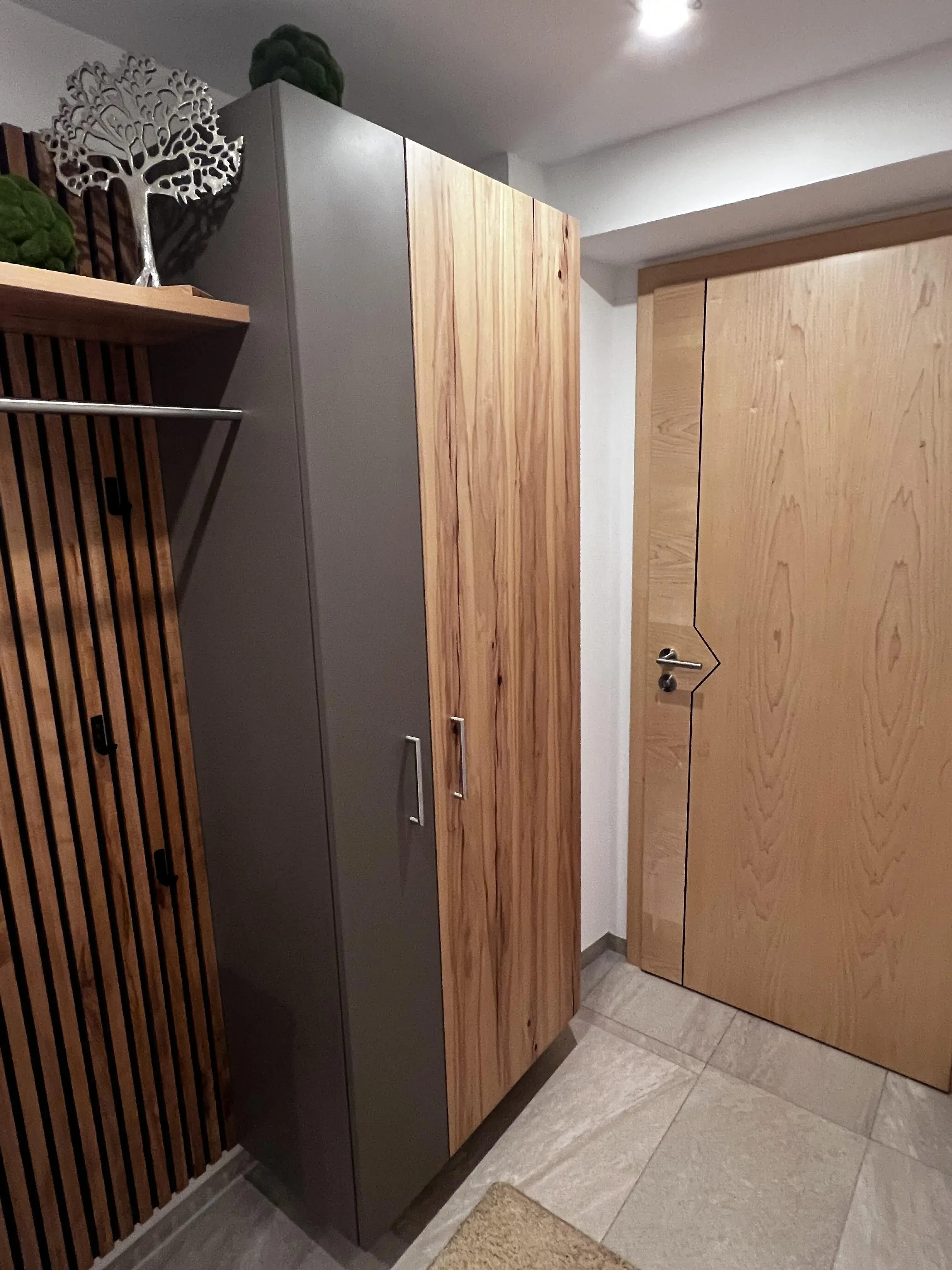 Moderner Flur mit Holzschrank, Holztür und Dekobaum auf dem Schrank.